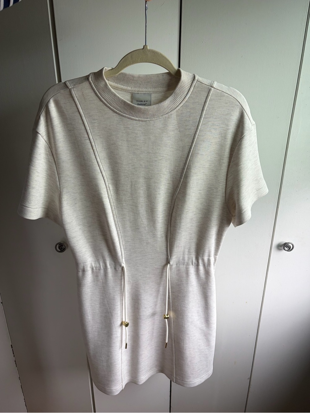 Varley Cream Short-Sleeve Drawstring Waist Knit Dress